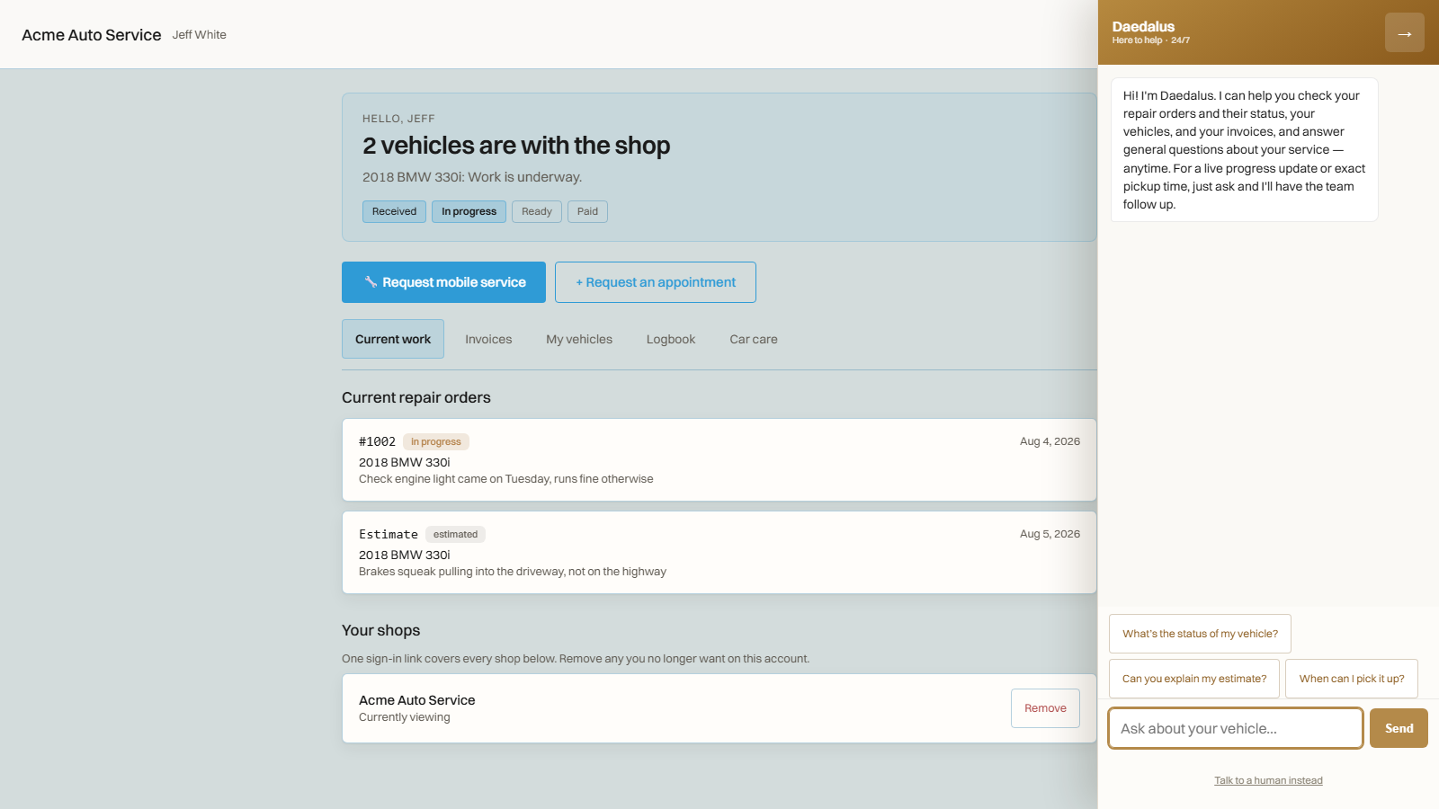 A customer portal carrying the shop's own name and blue accent: two vehicles with the shop, a job in progress, an estimate to approve, and an assistant offering to answer questions.